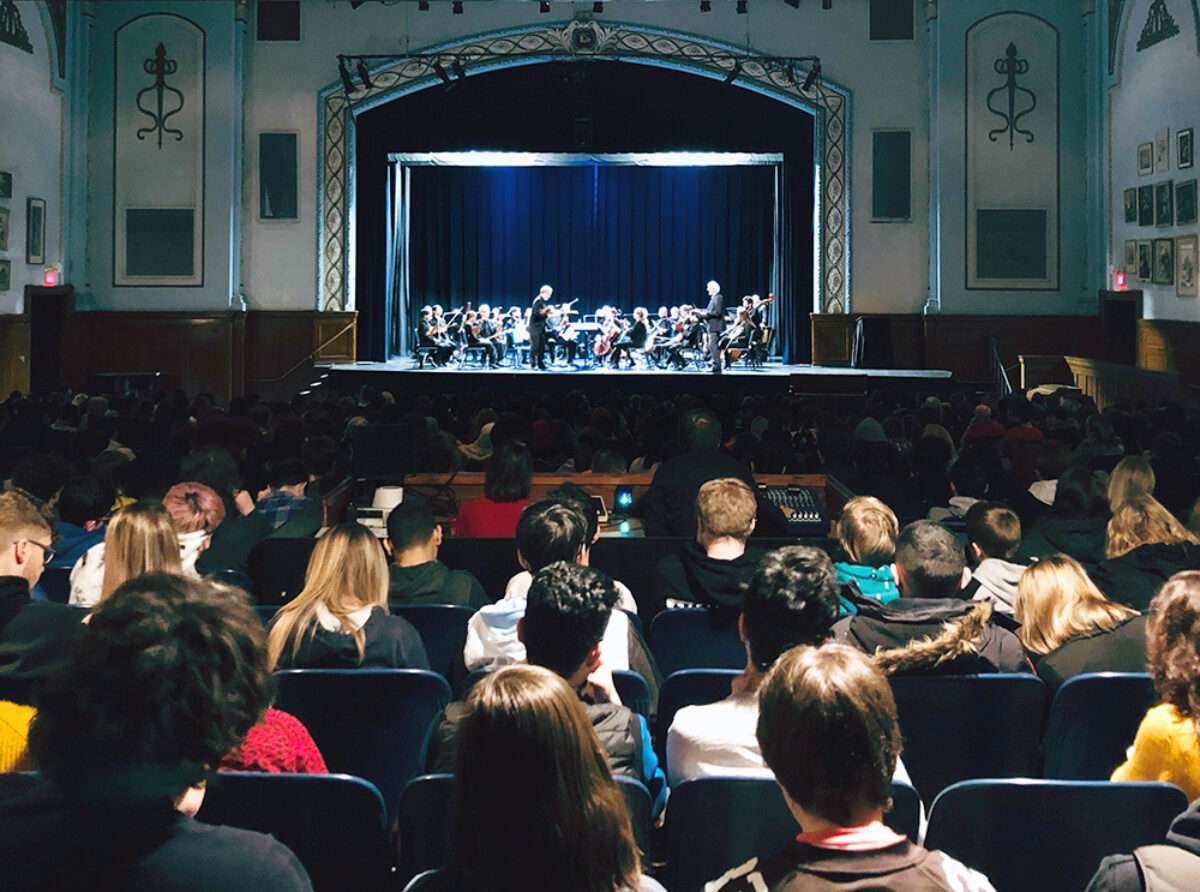 The musicians of London Symphonia performs a classical music concert for nearly 2000 students in London, Ontario.