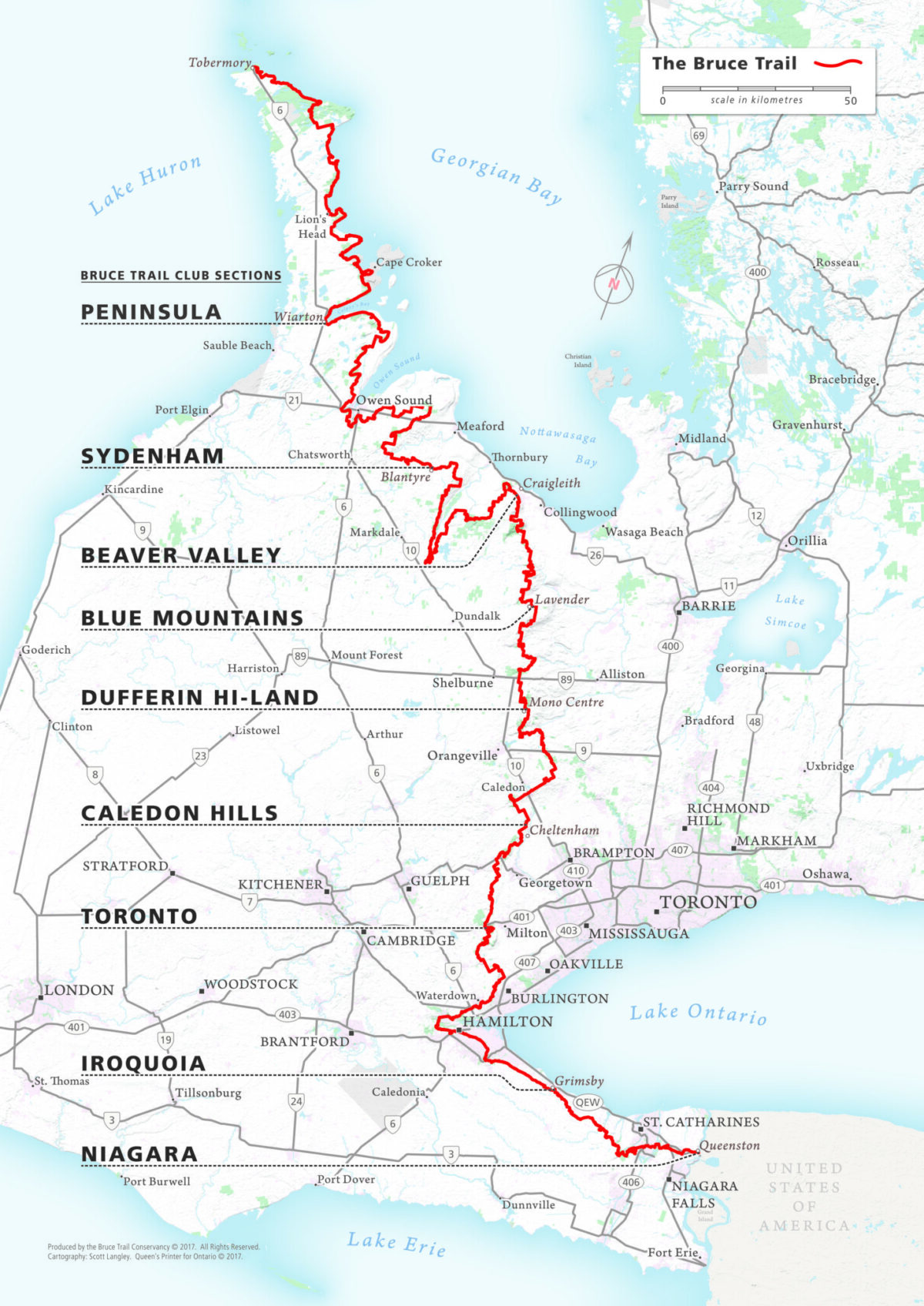 Bruce Trail Overview Map. Caption: Stretching 900 km from Queenston Heights, Niagara to Tobermory in southern Ontario, the Bruce Trail provides the only continuous public access to the magnificent Niagara Escarpment, a UNESCO World Biosphere.
