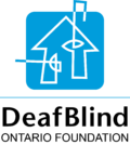 Logo of DeafBlind Ontario Foundation with blue square and outline of a white house with an eye and an ear.