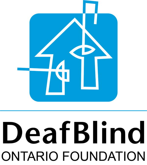Logo of DeafBlind Ontario Foundation with blue square and outline of a white house with an eye and an ear.