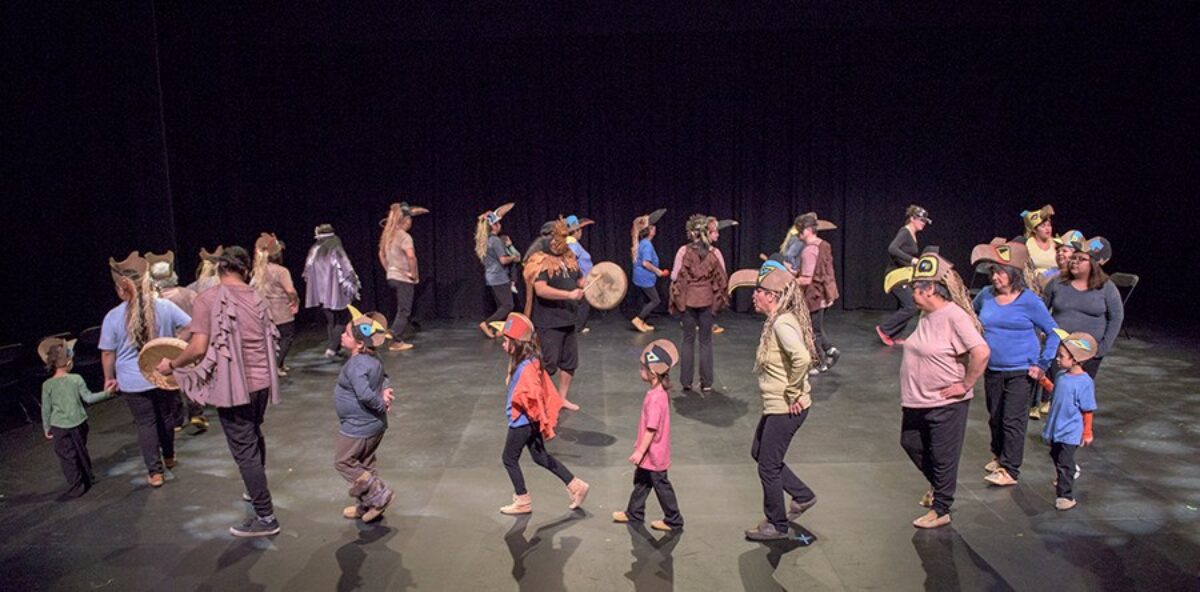 A group of people are walking in a circle on a stage all wearing masks representing different animals. Two people drum in the centre of the circle.