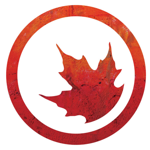 A red maple leaf within a red circle on a white background.