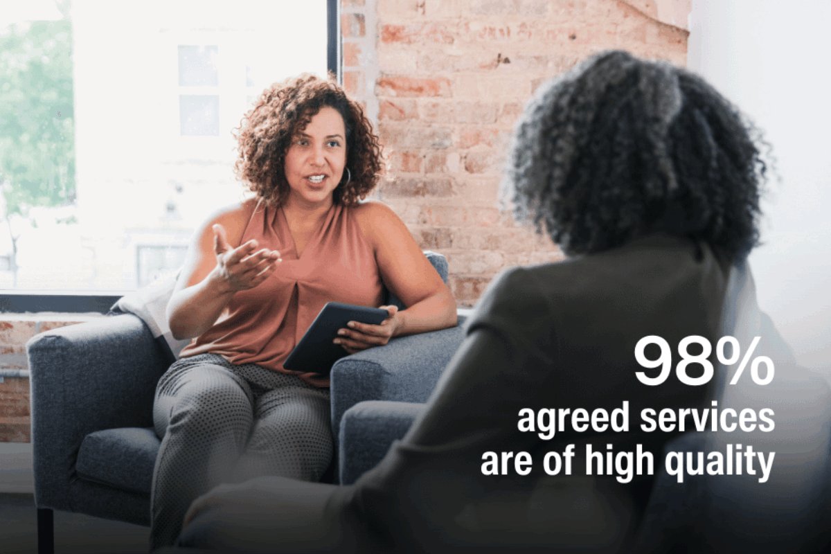 two Black women sitting face to face talking. TEXT SAYS: 98% agreed services were of high quality.